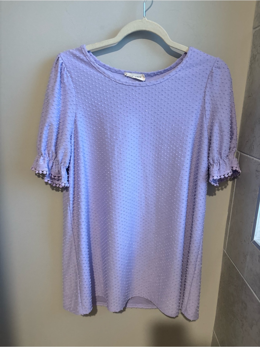 Women's Lavender Swiss Dot Short Sleeve Tee with Pom Sleeve Trim
